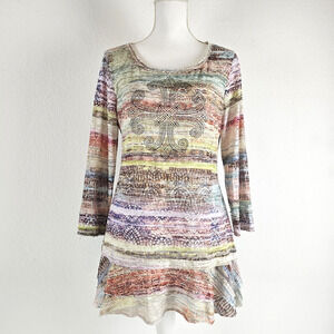 V Christina Women SIZE L Semi Sheer Blouse Tunic Top Peplum 1/2 Sleeve Colorful